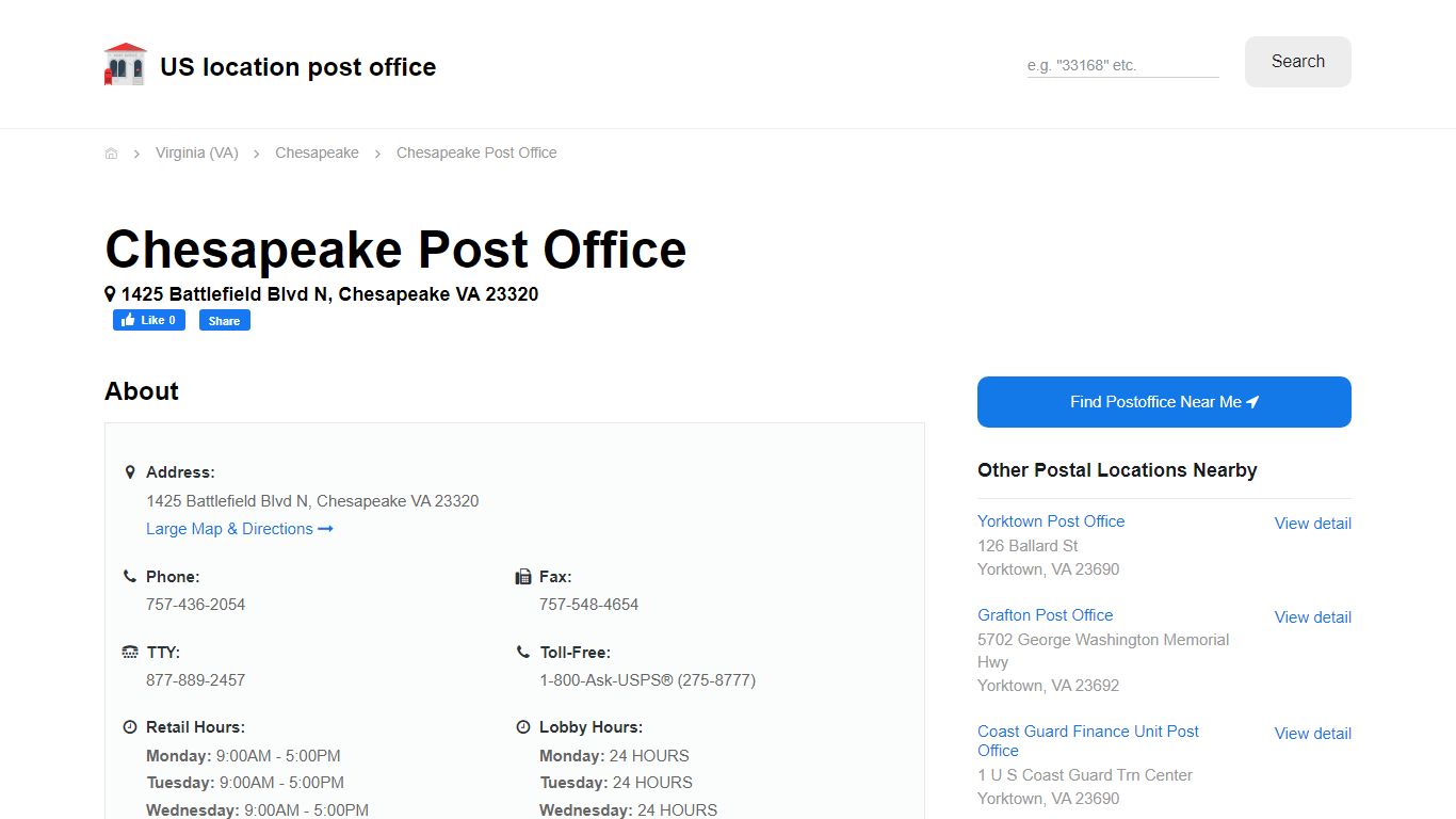 Chesapeake Post Office, VA 23320 - Hours Phone Service and Location