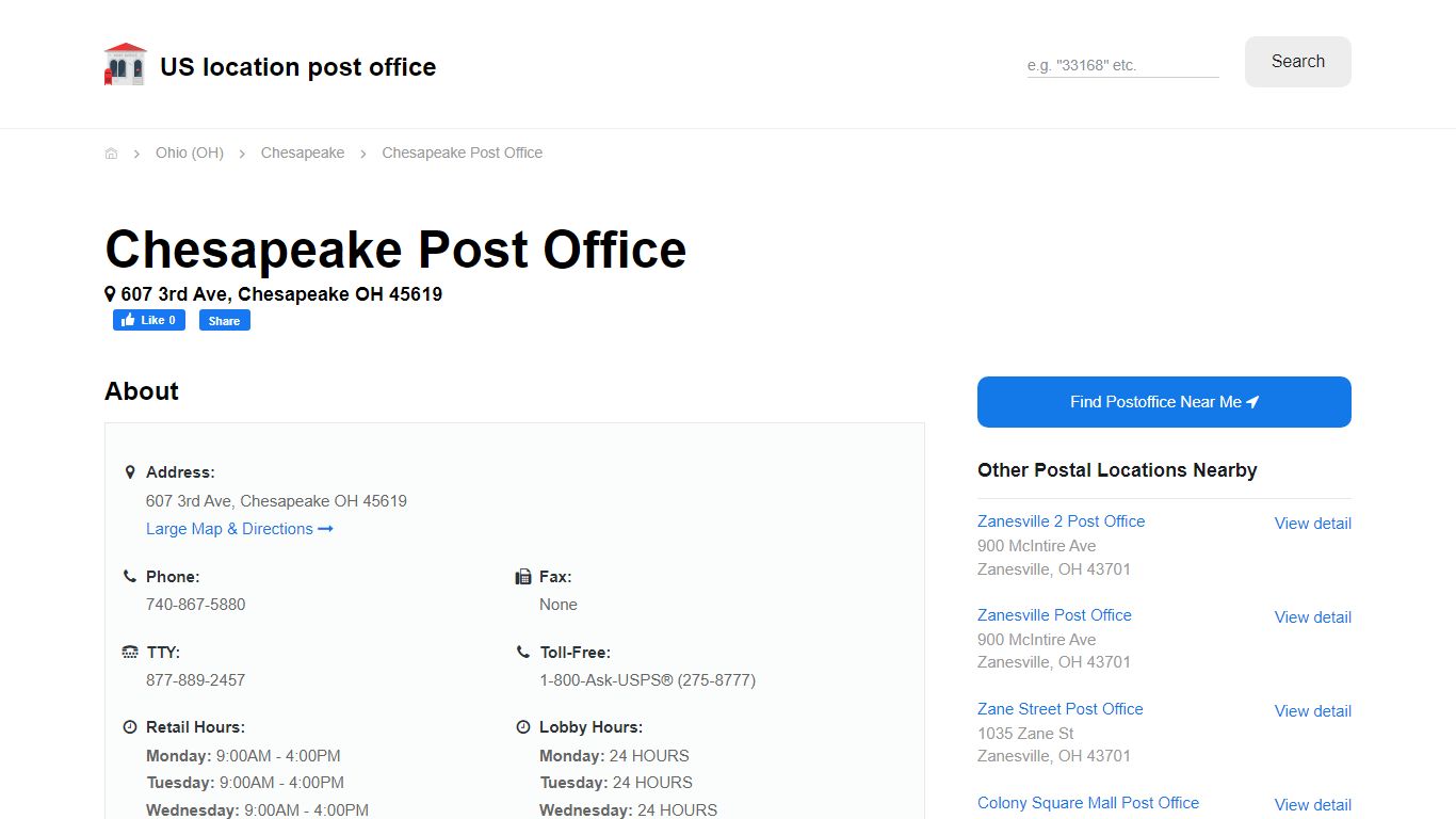 Chesapeake Post Office, OH 45619 - Hours Phone Service and Location